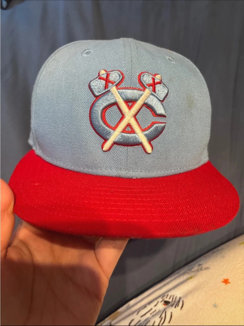 New Era Kids Two-Tone Light Blue and Red Baseball Hat with Crossed-Bats Logo